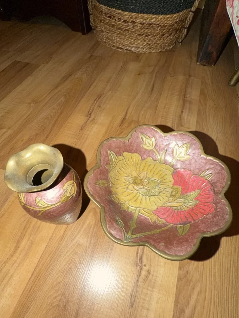 Vintage Enameled Brass Floral Scalloped Pedestal Bowl & Vase Set - Pink and Gold